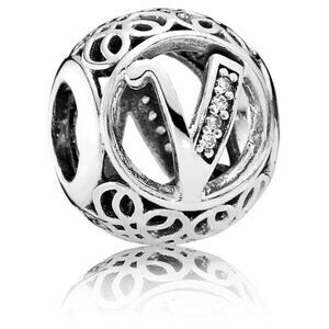 PANDORA Vintage Letter V Charm with Clear Zirconia Authentic Silver Alphabet